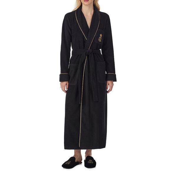 Ralph Lauren Long Sleeve Fleece Monogram Collar Robe Womens Large Belt Tie Black - Picture 1 of 8